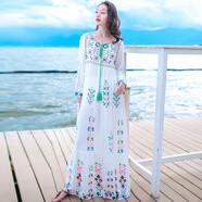 西子美麗心情夏季女裝白色繡花長(cháng)袖民族風(fēng)裙子波西米亞長(cháng)裙海邊度假沙灘裙 圖片色AQ17A687 S