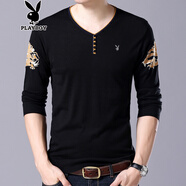 花花公子（PLAYBOY）春秋裝V領(lǐng)長(cháng)袖t恤打底衫大碼中青年薄款針織衫雞心領(lǐng)體恤上衣服 ZMF6625 黑色 專(zhuān)柜品質(zhì)，現貨現發(fā) M (165) (推薦100-120斤) 