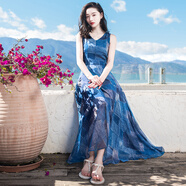 西子美麗心情夏裝新款女系帶V領(lǐng)無袖雪紡連衣裙長裙波西米亞沙灘裙海邊度假 圖片色XZ18D838 M