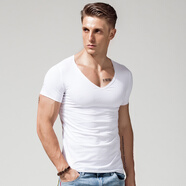續點(diǎn)短袖T恤男 大V領(lǐng)無(wú)痕緊身純色純棉運動(dòng)修身低領(lǐng)打底衫半袖短袖t恤 白色 XXXL（157-172斤左右）修身型