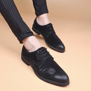 YDL 玫瑰花韓版反絨皮時(shí)尚牛皮男皮鞋系帶休閑男鞋子簡(jiǎn)約透氣皮鞋潮青年刺繡 黑色#標準款 37