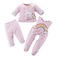 鵬優(yōu)寶寶套裝純棉背帶連體褲三件套夾棉秋冬裝嬰兒衣服包腳加厚外出服 粉色6558偏厚款【夾層為棉花】 66 （建議2-4月）