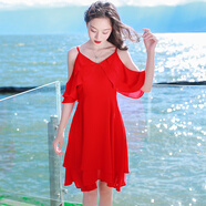 西子美麗心情夏季女裝紅色吊帶短裙短袖雪紡連衣裙波西米亞沙灘裙海邊度假裙子 圖片色AQ17A679 L