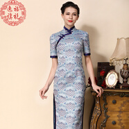 逸福旗袍裙中長(cháng)款改良短袖顯瘦復古日常青花手工精致中年女性?xún)?yōu)雅秋 藍色 L7天發(fā)貨