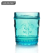 LIUIUSU彩色玻璃杯B300 復(fù)古鳶尾花浮雕無(wú)鉛玻璃水杯歐式冷飲果汁杯子 湖藍(lán)色低杯 300ml 1只 綠典彩色系列