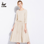 UAISI春夏休閑女裝棉質(zhì)連衣裙女文藝小清新長(zhǎng)裙寬松休閑時(shí)尚簡(jiǎn)約裙子 米色 七分袖  XS (155)
