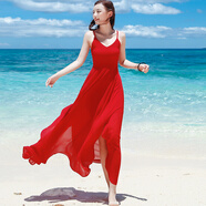 西子美麗心情紅色連衣裙2020春新品女裝吊帶長(zhǎng)裙雪紡露背不規(guī)則裙子夏海邊度假沙灘裙 紅色YZ17A061 M