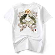 天龍致尊Denon supreme短袖T恤男女潮牌夏季中國風鯉魚刺繡短袖T恤衫 白色 3XL