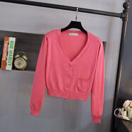 帝行（DIXING）春秋季短款V領(lǐng)修身薄針織衫女開(kāi)衫高腰小外套披肩外搭上衣 西瓜紅 M 80-110斤