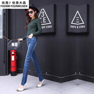 獅子聰2025春秋高腰直筒牛仔褲女寬松bf風(fēng)女裝韓版長(cháng)褲 深藍色 29
