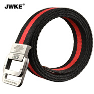 JWKE 男士雙環(huán)扣帆布腰帶運動休閑青年牛仔褲皮帶百搭褲腰帶學生褲帶 紅黑條紋 115cm