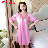 岱銘軒 睡衣女夏天睡裙冰絲性感短袖寬松清新蕾絲韓版V領(lǐng)絲質(zhì)家居服 QMS C329#睡裙 中粉 均碼（適合身高145-173cm）