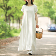 亂在江南棉麻連衣裙夏季新款仙女裙純色寬松休閑簡約高腰文藝優(yōu)雅長裙 白色 L