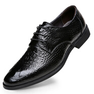 希馳頭層牛皮正裝皮鞋男真皮鱷魚(yú)紋男士皮鞋系帶透氣時(shí)尚英倫婚鞋 黑色系帶 40