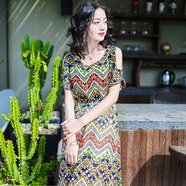 西子美麗心情夏季新款女裝短袖露肩雪紡連衣裙長(cháng)裙波西米亞沙灘裙海邊度假裙子 幾何花 XZ18D242 XXL