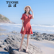 TUOSE連衣裙 2023夏季新款女裝修身顯瘦V領(lǐng)氣質(zhì)波點(diǎn)系帶小碎花魚尾裙 紅色 XS