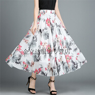OVMATTU港風(fēng)潮牌松緊腰印花長(cháng)裙半身裙女夏雪紡新款高腰a字大擺裙長(cháng)款仙女裙 白底紅蓮花 均碼