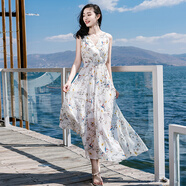 西子美麗心情夏季新款女裝復(fù)古裙子超仙收腰雪紡連衣裙長(zhǎng)裙海邊度假沙灘裙 圖片色 XZ18D1334 L