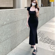 桃伊悠（taoyiyou）純欲辣妹T恤連衣裙女夏季包臀中長裙修身收腰設(shè)計感顯瘦魚尾裙子 黑色 XL