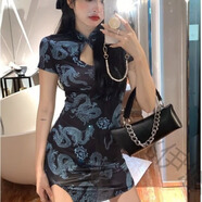 桃伊悠（taoyiyou）開叉連衣裙女2024夏季新款純欲風(fēng)鏤空設(shè)計感修身辣妹改良旗袍裙子 圖片色 XL