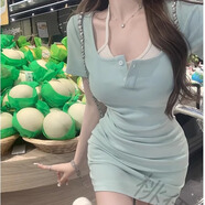 桃伊悠（taoyiyou）夏季假兩件掛脖連衣裙修身緊身短袖包臀裙收腰紐扣純色褶皺短裙女 藍(lán)色 M