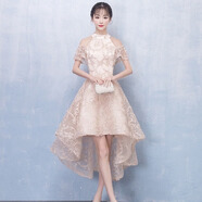 麥斯貝思晚禮服高貴優(yōu)雅前短后長宴會年會演出伴娘服掛脖小禮服女平時(shí)可穿 香檳色 L
