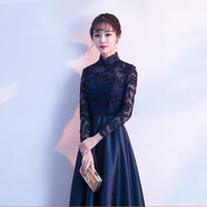 麥斯貝思宴會(huì )晚禮服裙新款冬季女長(cháng)款長(cháng)袖復古旗袍長(cháng)裙晚宴主持人中式 深藍色 XL