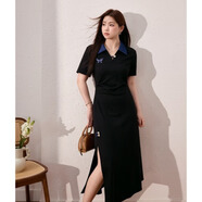 藍語(yǔ)蝴蝶刺繡v領(lǐng)黑色連衣裙2025夏新款顯瘦遮肉休閑T恤裙 黑色 預售 3XL 【建議160-180斤】