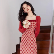 沐霓紅色格子連衣裙早秋季新款甜辣風(fēng)淑女氣質(zhì)穿搭吊帶開衫兩件套裝 紅色開衫+格紋吊帶裙【套裝】 M 碼（45-55KG)