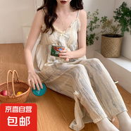 卡通夏季復(fù)古小碎花吊帶長褲短褲女生睡衣可外穿家居服套裝 條紋吊帶-長褲 2XL 建議140-160斤