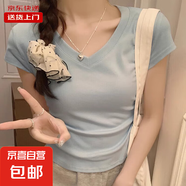 夏季正肩短袖T恤女純色棉質(zhì)修身褶皺顯瘦不規(guī)則短款小個子RL#K005 K006#藍(lán)【V領(lǐng)】【褶皺收腰】 L