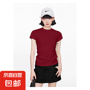 【都市麗人制造商】酒紅色純色正肩短袖t恤女小眾修身打底上衣 安可拉紅【小圓領(lǐng)】 XL  【114-125斤】