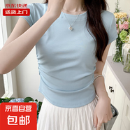 夏季正肩短袖T恤女純色棉質修身褶皺顯瘦不規(guī)則短款小個子RL#K005 K005#藍【圓領】【褶皺收腰】 L
