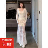 韓系藍(lán)色蕾絲長袖襯衫女2025春季新款寬松百搭襯衣長款蕾絲半身裙 白色蕾絲半身裙 XL