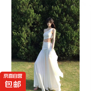 法式小眾高級清冷感白色斜肩露腰連衣裙女海邊度假氛圍感超仙長裙 白色 M