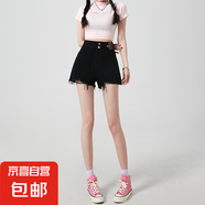 春夏季新款高腰顯瘦毛邊闊腿牛仔褲女韓版寬松a字牛仔熱褲潮ins 黑色 M
