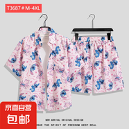 夏威夷花襯衫沙灘套裝夏薄款三亞旅游男女情侶大碼寬松休閑五分褲 T3687 3XL