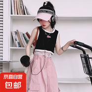 女童工裝褲寬松直筒新款兒童休閑百搭長褲大口袋童裝褲子 黑色蕾絲打底 170