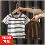 兒童短袖套裝25夏季新款男童純棉T恤短褲韓版女寶寶服裝童裝批發(fā) 短袖短褲套裝【咖啡胸標(biāo)】 90 CM身高