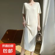 夏季新款V領(lǐng)短袖連衣裙休閑時(shí)尚寬松針織背心裙T恤長裙/RT1101-X 白色 XL （125-135斤）
