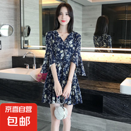 法式V領(lǐng)碎花連衣裙女夏季法式收腰顯瘦氣質(zhì)五分袖A字短裙J303 藏青色 XL （120-130斤）