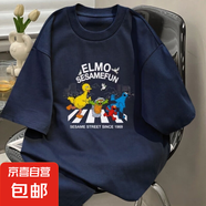 爆款100%純棉短袖t恤新款印花芝麻街小眾設(shè)計感情侶上衣T467-DPJ 藏青色【芝麻街趣味卡通】 3XL (175-200斤)