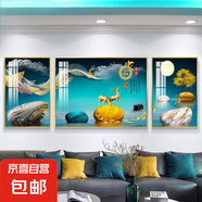 客廳裝飾畫輕奢山水畫三聯(lián)新中式墻畫沙發(fā)背景墻掛畫現(xiàn)代簡約壁畫 點(diǎn)石成金（鋁合金邊框） 左右35*50中70*50-布紋膜金框