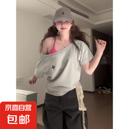美式字母印花斜肩上衣女簡約寬松顯瘦露肩短袖T恤insGXXX94-50548 淺灰色 L