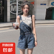 減齡氣質(zhì)設(shè)計(jì)感單肩牛仔背帶短褲女2025夏季薄款韓版不規(guī)則連體褲 藍(lán)色設(shè)計(jì)感背帶短褲單款 L