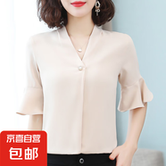 簡(jiǎn)約優(yōu)雅荷葉袖襯衫女中袖上衣夏季新款氣質(zhì)百搭V領(lǐng)顯瘦套頭襯衣 杏色 4XL 135-145