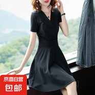 黑色中長(zhǎng)款連衣裙小黑裙新款女夏裝V領(lǐng)短袖中長(zhǎng)顯瘦氣質(zhì)A字裙子 黑色 黑色 XL 【建議106-115斤】
