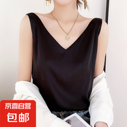 綢緞面雙肩吊帶女背心2025春夏季新修身v領短款氣質內搭上衣T恤 黑色 XL