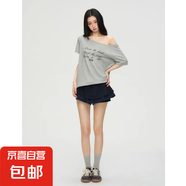 美式字母印花斜肩t短袖t恤女夏季設計感露肩顯瘦上衣GXXX94-50488 淺灰色 L