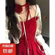 法式黑色蕾絲吊帶連衣裙純欲修身長裙開叉收腰辣妹裙子 玫瑰紅吊帶裙 M